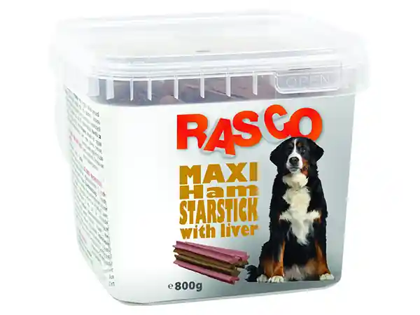 Aktuální Pochoutka RASCO Dog hvězdy šunkové s játry 800g