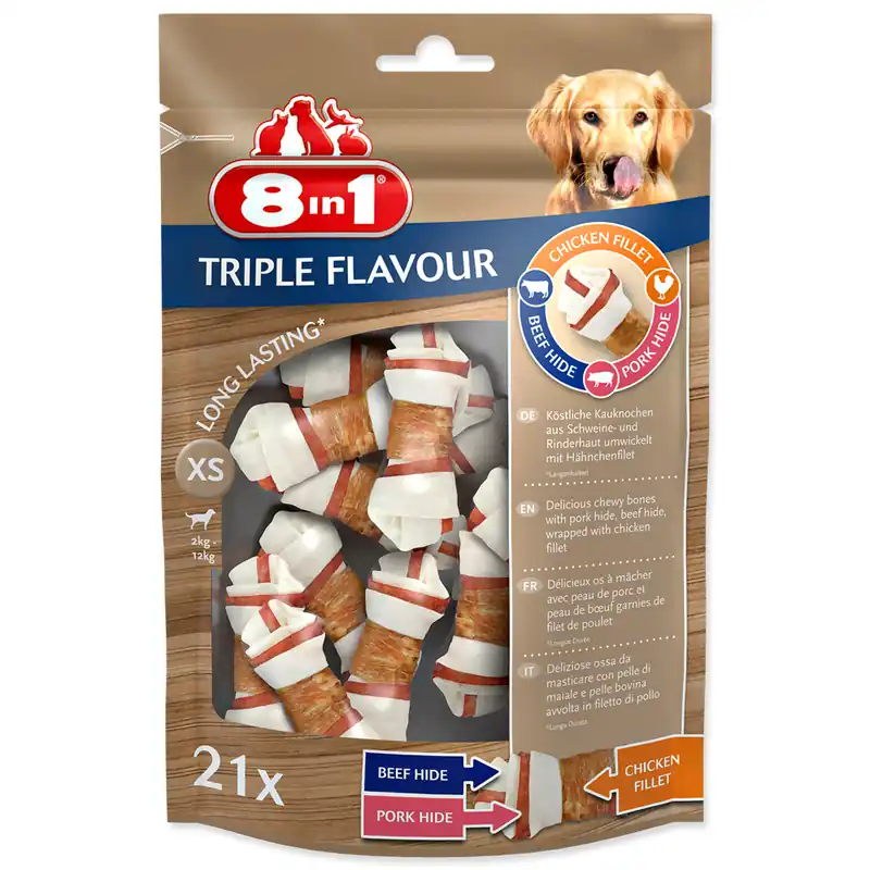 Aktuální Kosti žvýkací 8in1 Triple Flavour XS 21ks