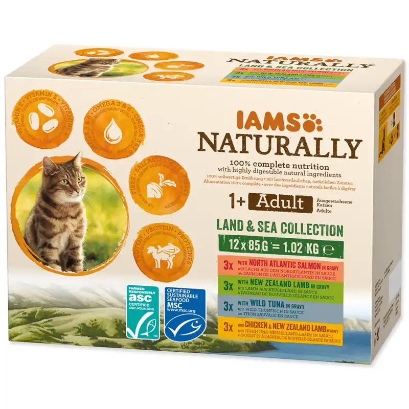 Iams Cat Naturally výběr z mořských a suchozemských mas v omáčce 12 x 85 g Značkový