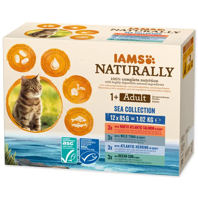 Dokud Zásoby Vydrží Kapsičky IAMS Cat Naturally mořské maso v omáčce multipack 1020g