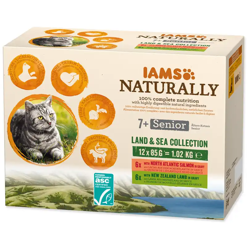 Autentický Kapsičky IAMS Cat Naturally Senior výběr z mořských a suchozemských mas v omáčce multipack 1020g