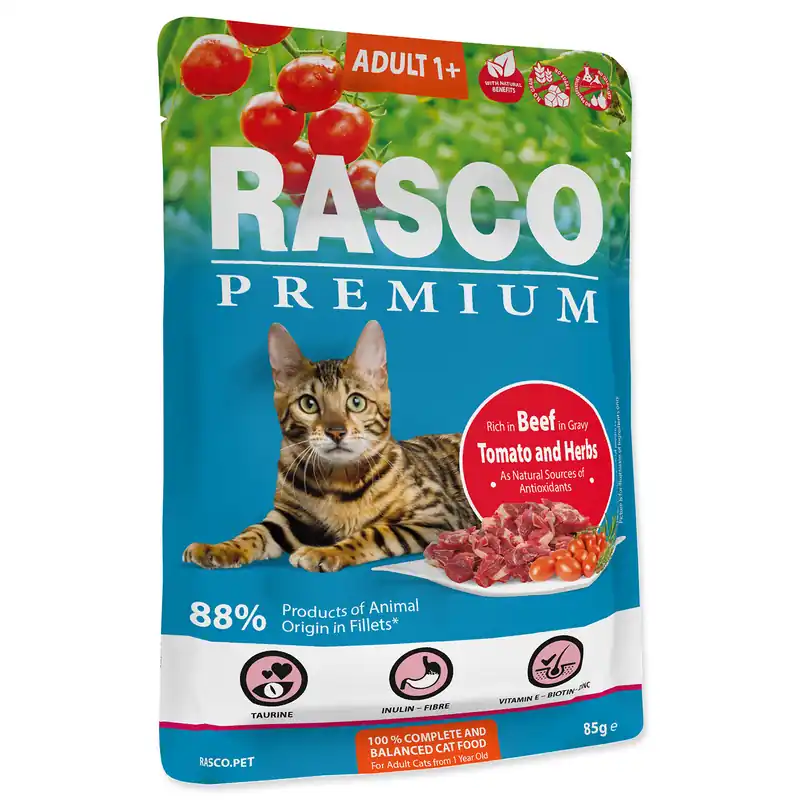 Dokud Zásoby Vydrží Kapsička RASCO Premium Cat Pouch Adult , Beef, Hearbs 85g