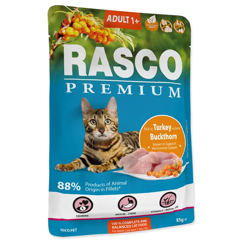 Cenová Bomba Kapsička RASCO Premium Cat Pouch Adult, Turkey, Buckthorn 85g