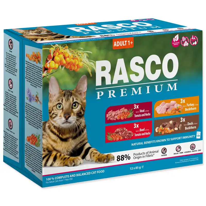 Akční Nabídka Kapsičky RASCO Premium Cat Pouch Adult - 3x beef, 3x veal, 3x turkey, 3x duck 12x85g
