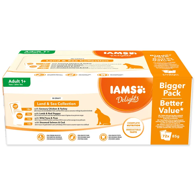 Kapsičky IAMS Delights mořské a suchozem. maso v omáčce multipack (72x85g) 6120g Cenový Hit