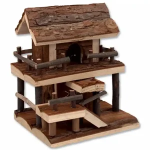 Akční Cena Domek SMALL ANIMAL Dvoupatrový dřevěný s kůrou 17 x 15 x 20 cm (1ks)