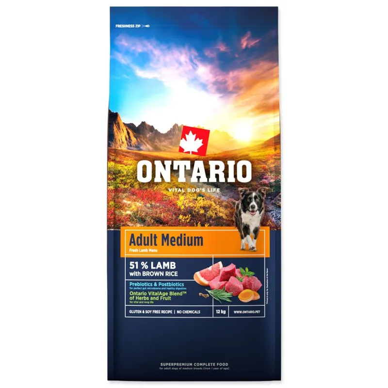 Výhodná Nabídka Krmivo Ontario Adult Medium Lamb & Brown Rice 12kg
