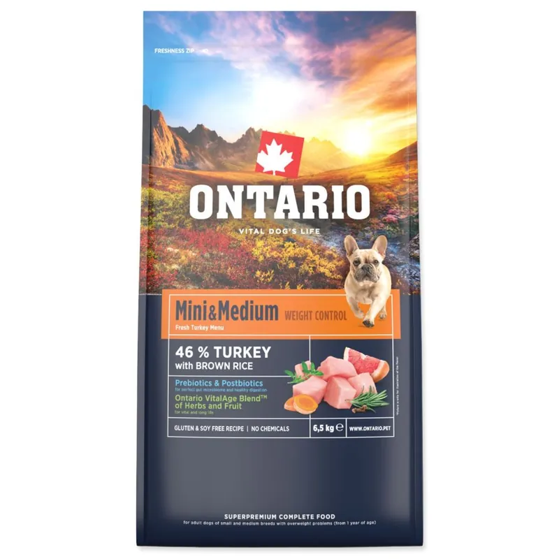 Cenový Hit Krmivo Ontario Mini & Medium Weight Control Turkey & Brown Rice 6,5kg