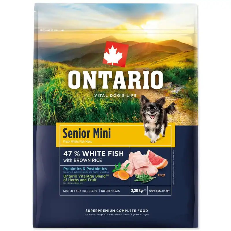Speciální Cena Krmivo Ontario Senior Mini Fish & Brown Rice 2,25kg