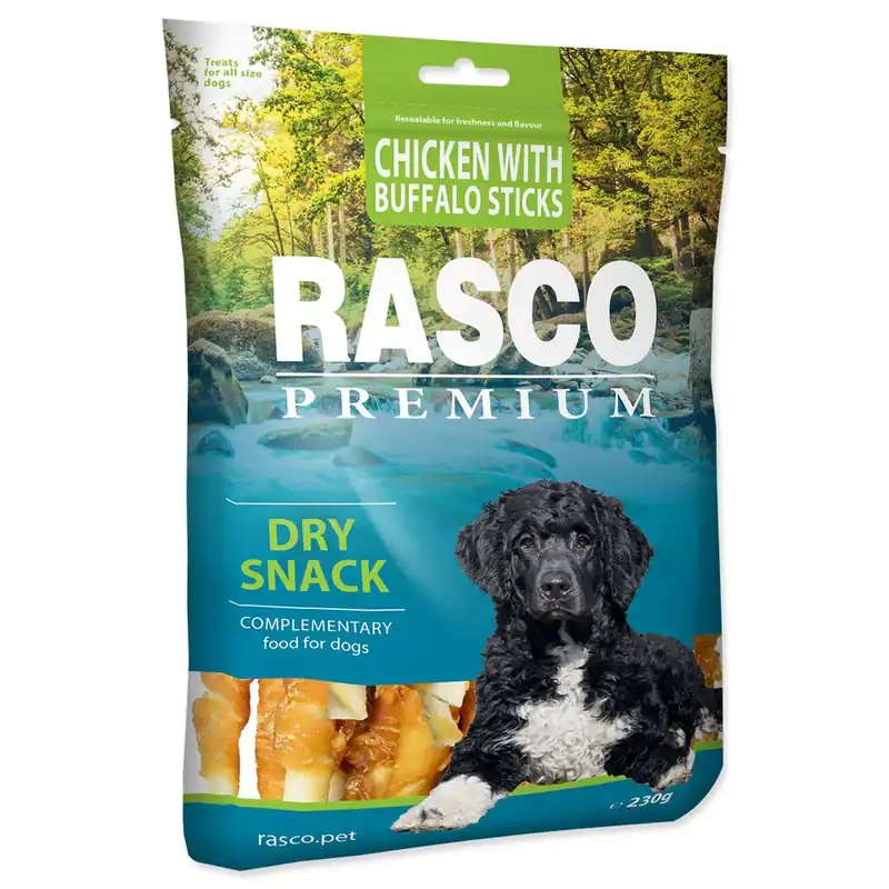 Zlevněný Pochoutka RASCO Premium tyčinky bůvolí obalené kuřecím masem (230g)