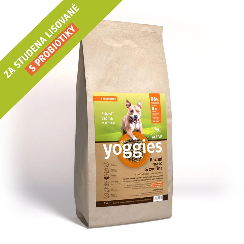 Nejlepší Cena Granule Yoggies Active 15kg, kachna a zvěřina, granule lisované za studena