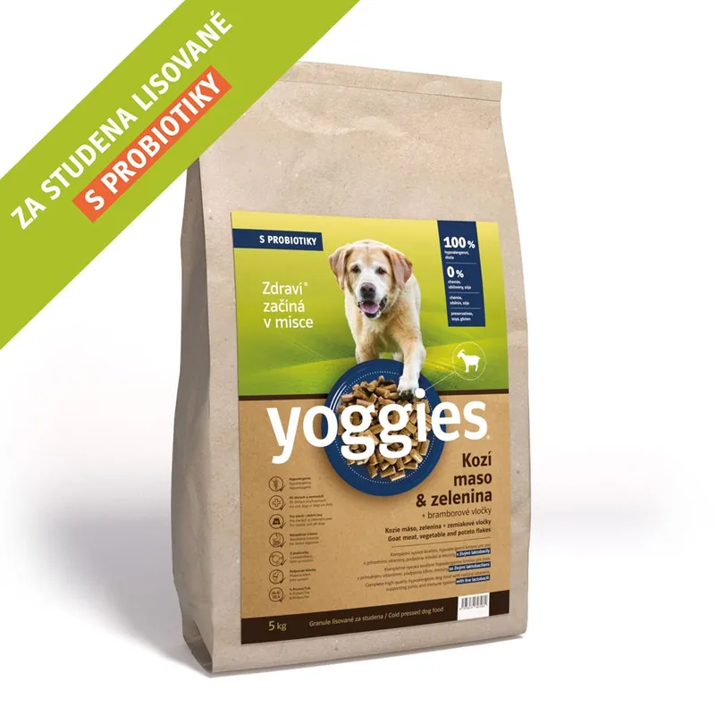 5kg Yoggies Kozí maso&zelenina, hypoalergenní granule lisované za studena s probiotiky Časově Omezené