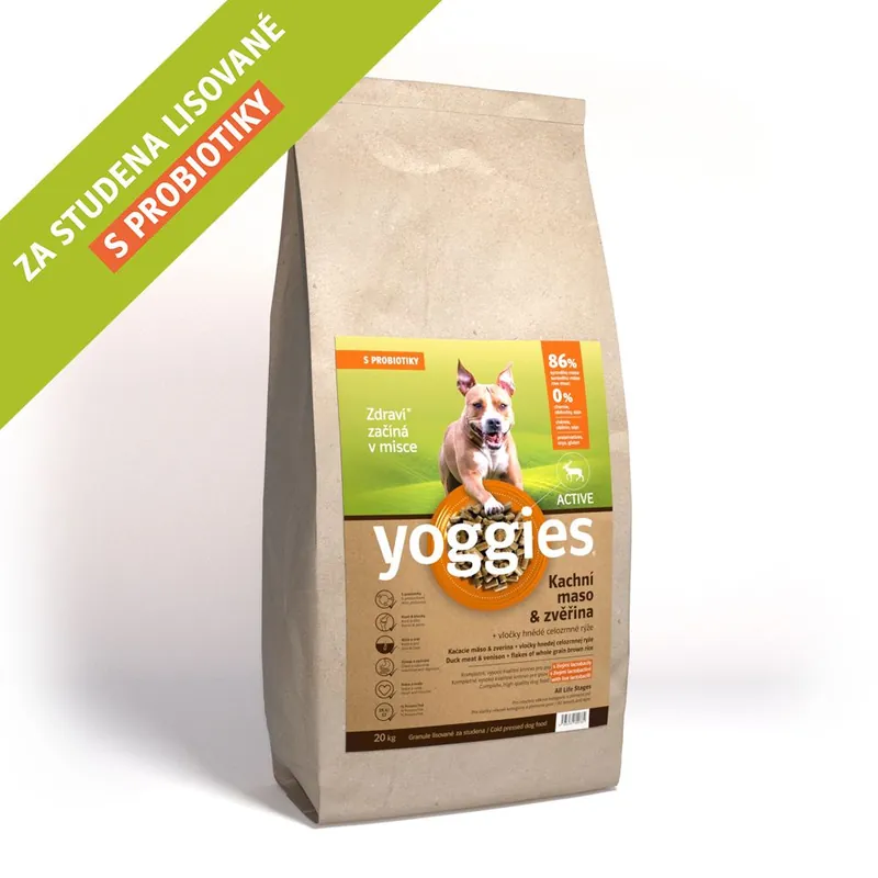 Granule Yoggies Active 20kg, kachna a zvěřina, granule lisované za studena Nová Kolekce