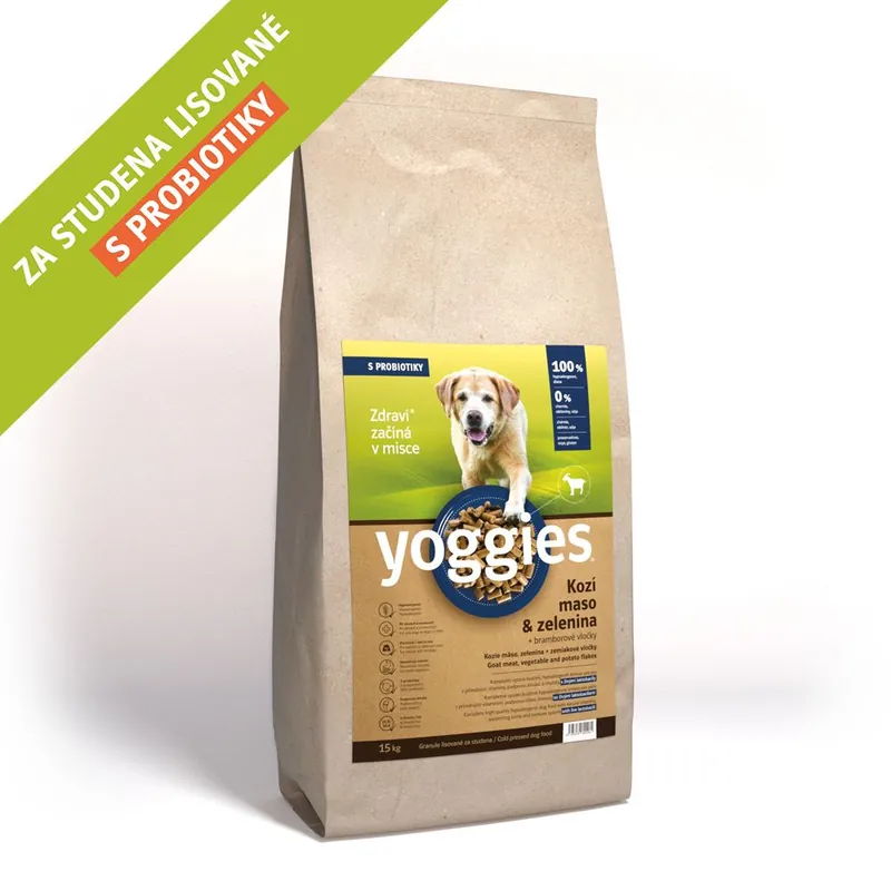 Super Cena 15kg Yoggies Kozí maso&zelenina, hypoalergenní granule lisované za studena s probiotiky