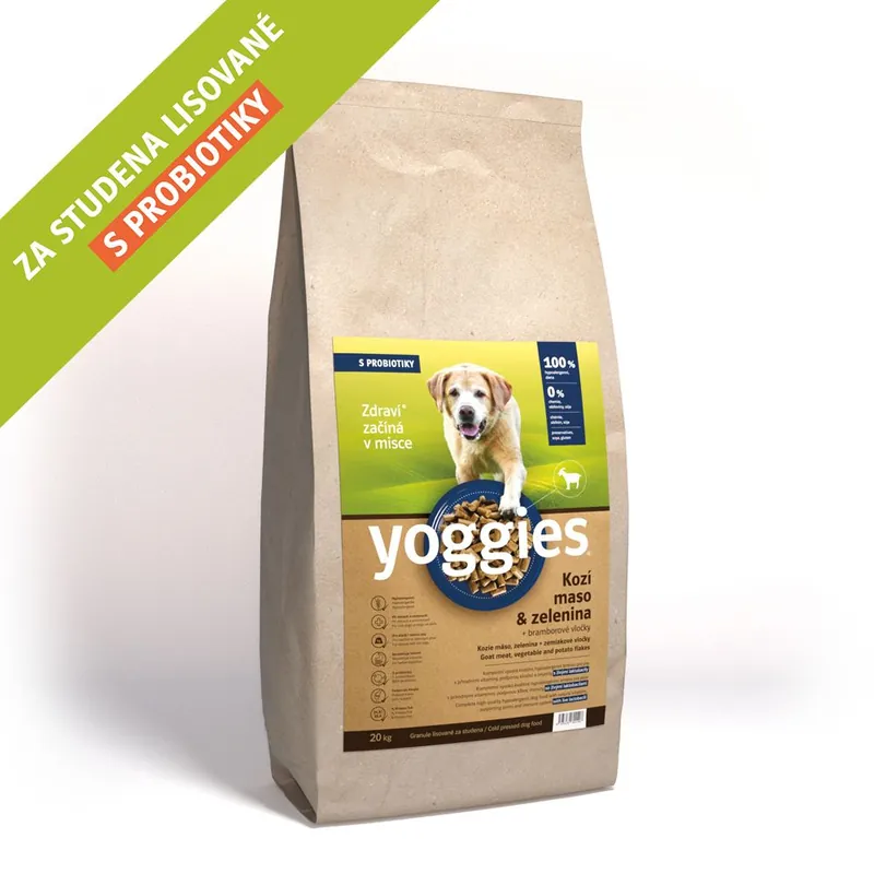 Horká Nabídka 20kg Yoggies Kozí maso&zelenina, hypoalergenní granule lisované za studena s probiotiky