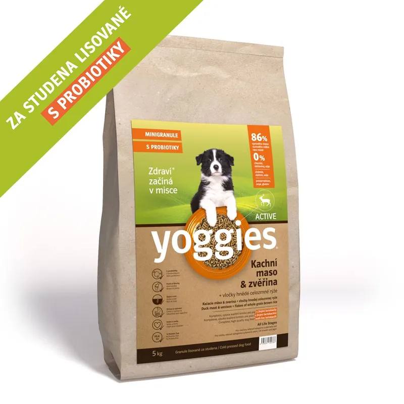 Cenová Bomba 5 kg, MINIGRANULE Yoggies Active, kachna a zvěřina, granule lisované za studena s probiotiky