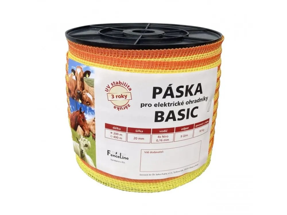 Páska BASIC 20 mm pro el. ohradník, 4x0,16 mm Niro, žluto-oranž., 200 m Ověřený