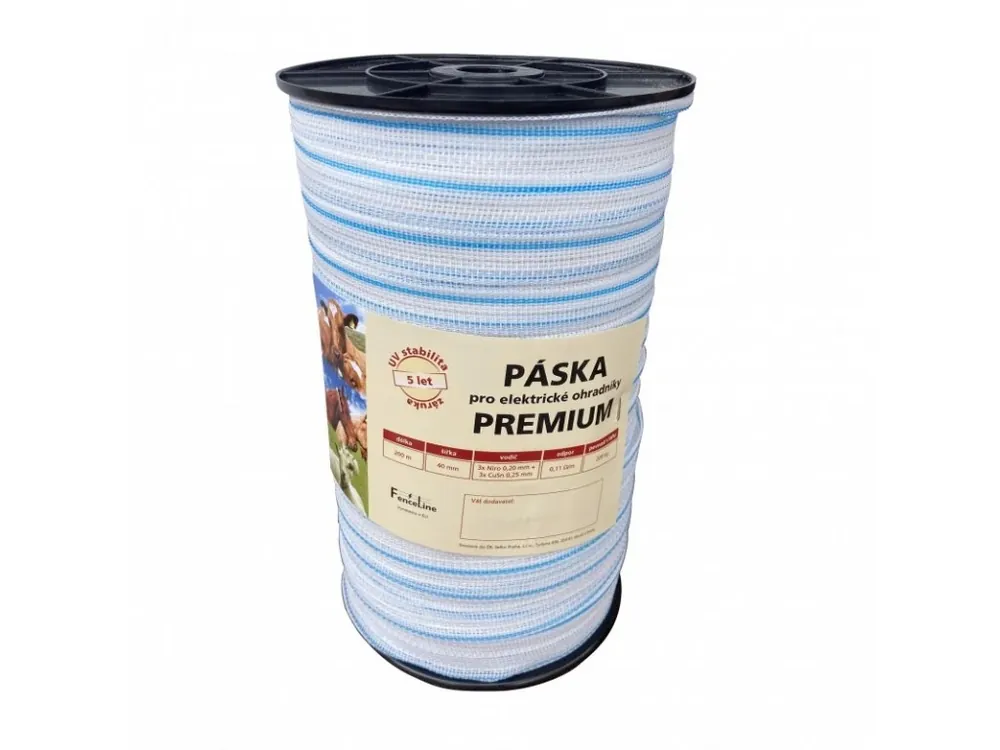 Nízká Cena Páska PREMIUM 40 mm pro el. ohradník, 3x0,20 mm Niro + 3x0,25 mm CuSn, 200 m, bílo-modré