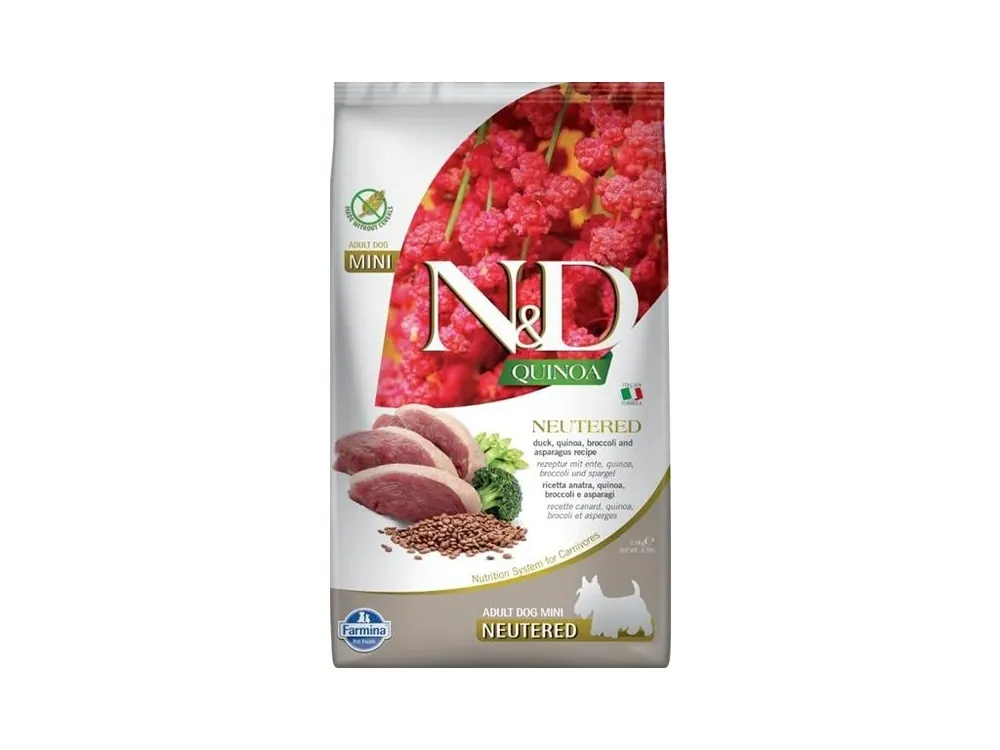 N&D QUINOA Dog GF Duck, Broccoli & Asparagus Neutered Adult Mini 2,5 kg Sezónní Sleva