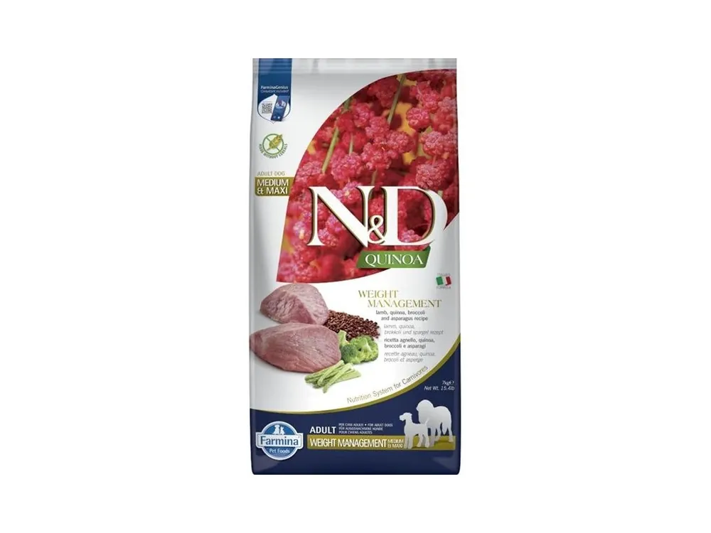 N&D QUINOA Dog GF Weight Management, Lamb & Broccoli Adult Medium & Maxi 7 kg Pouze Dnes