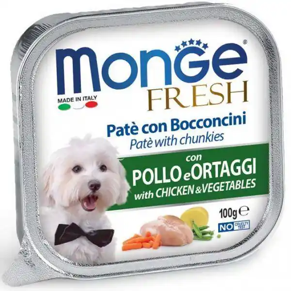 MONGE FRESH - paštika a kousky s kuřetem a zeleninou 100g Super Cena