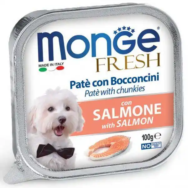 Autentický MONGE FRESH - paštika a kousky s lososem 100 g pro psy