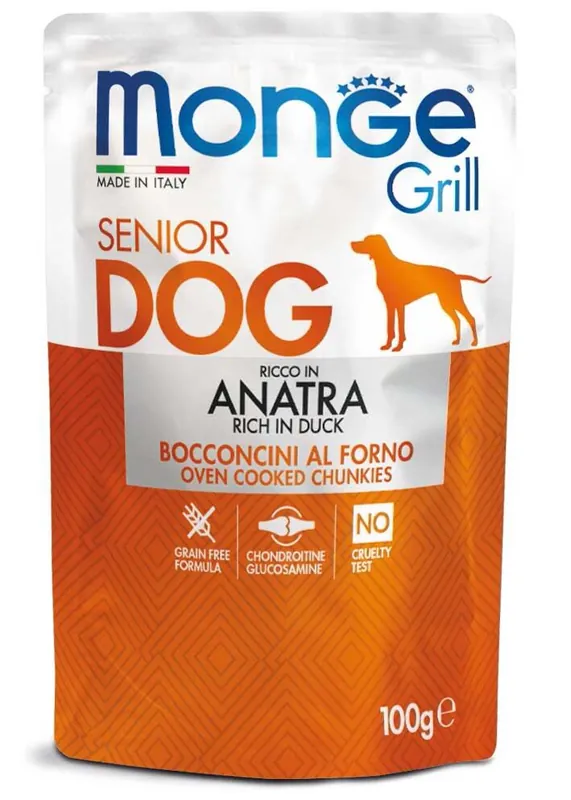 Super Cena MONGE GRILL SENIOR kapsička kachní pro starší psy 100 g