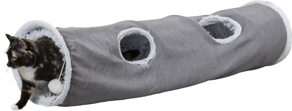 TRIXIE Plyšový tunel pro kočky HARVEY s hračkami, 4 vstupy, 27 x 116 cm, šedá Nejlepší Cena