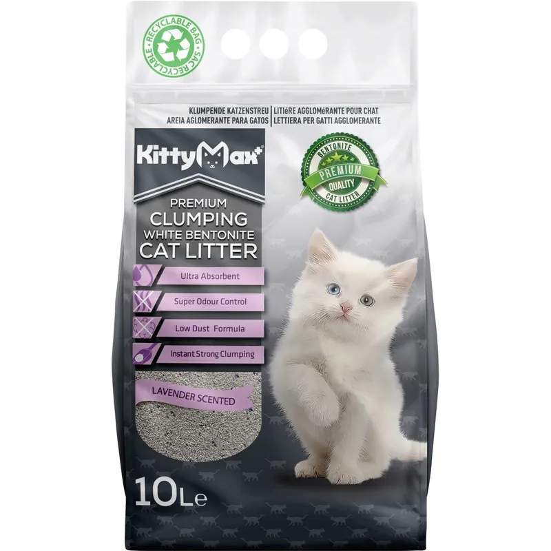KITTYMAX hrudkující, bezprašný bílý bentonit LAVENDER 10 l Poslední Šance