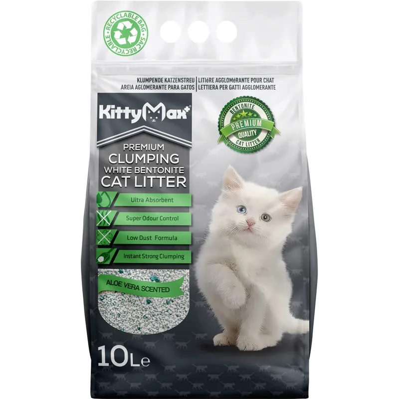 Finální Výprodej KITTYMAX hrudkující, bezprašný bílý bentonit ALOE VERA 10 l