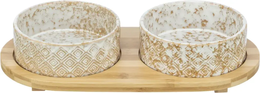 Pouze Dnes TRIXIE Set misek v bambusovém stojanu, bílá/světlehnědá 2 × 0,3 l/ ø 12 cm/ 30 x 6 x 15 cm