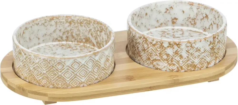 TRIXIE Set misek v bambusovém stojanu, bílá/světlehnědá 2 × 0,8 l/ ø 16 cm/ 39 x 8 x 20 cm Cenově Výhodný