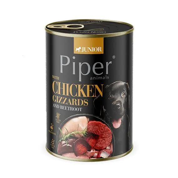 Sleva NEW PIPER JUNIOR s kuřecími žaludky a červenou řepou, konzerva pro štěňata, 400 g