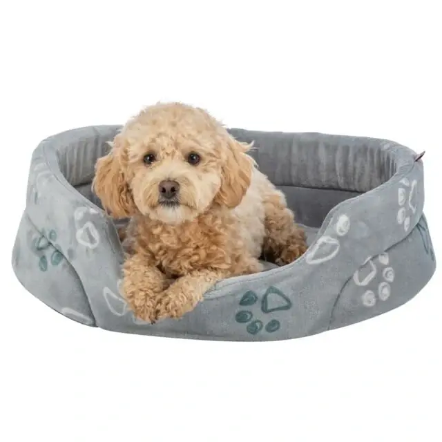 Značkový TRIXIE Pelech JIMMY Soft oválný, měkký plyš, světlešedý s tlapkami 75 x 65cm