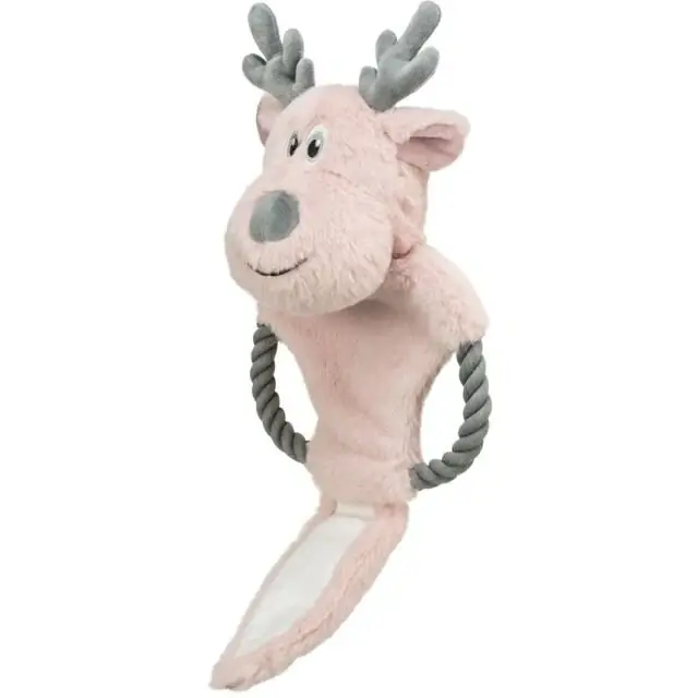 TRIXIE Vánoční sob na laně, šustící, 47 cm, plyš/bavlněné lano, růžová/šedá Výprodej