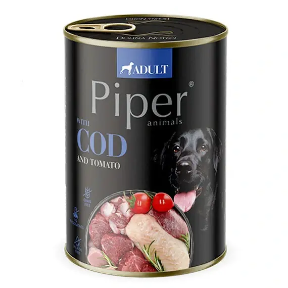 Nízká Cena NEW PIPER s treskou a rajčaty, konzerva pro psy 400 g